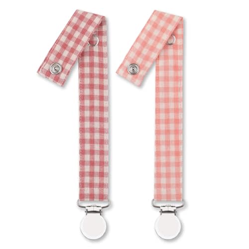 Pacifier Clip Leash Soothie Holder Unisex plaid button for girl （2 pack）