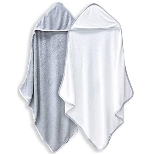 BAMBOO QUEEN 2 Pack Baby Bath Towel - Rayon Made from Bamboo, Ultra Soft Hooded Towels for Babies,Toddler,Infant - Newborn Essential -Perfect Baby Registry Gifts for Boy Girl - White and Grey - 30x30 Inch (Pack of 2)