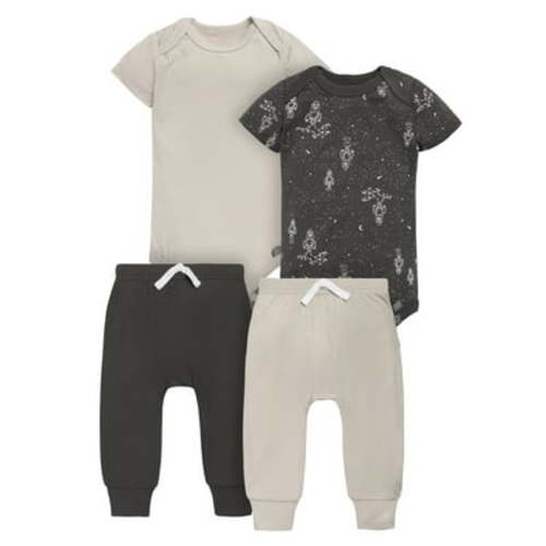 Modern Moments by Gerber Baby Neutral Super Soft Bodysuit and Pant, 4-Piece Outfit Set, Sizes Newborn - 12 Months