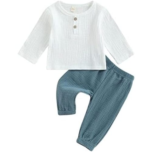 VISGOGO Toddler Boy Linen Outfit Baby Boy Fall Winter Clothes Set Button-Down Shirt Tops Cotton Linen Pants 2PCS