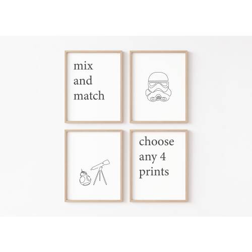 Star Wars Minimalist Line Art ;Mix & Match; Set of 4 Prints | Starwar Modern Home Wall Decor | Nursery Kid Bedroom Star War Theme
