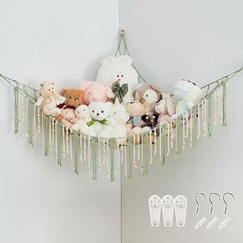 Pretty Jolly Stuffed Animal Storage Hammock with Wooden Beads Corner Hanging Net Boho Tassel for Toy Plush Holder for Kid Room Nursery Decor Wall Display Organizer for Girls Boy Gift(Sage Green)