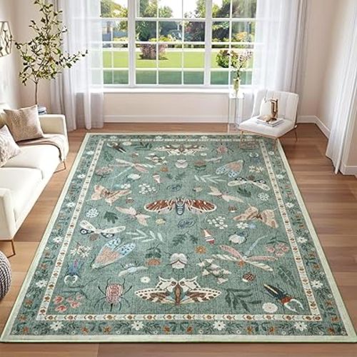 DweIke Washable Area Rugs for Living Room, 5x7 Large Bedroom Rugs, Insect Print Non Slip Low Pile Indoor Throw Carpet for Bedroom Apartment Dining Room Home Office Hardwood Floor, Teal Green