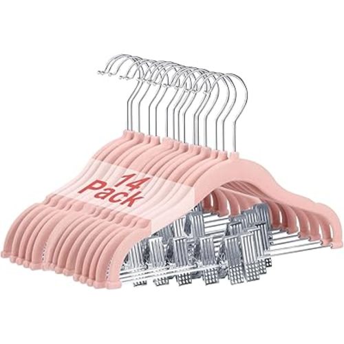 Baby Clothes Hangers with Clips, 14 Packs Kids Velvet Clothes Hangers, Heavy-Duty Childrens Hangers, Storage Organizer Clothing Hangers for Shirts, Pants, Skirts, Dresses, Jackets, Coat Pink