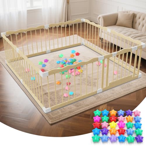 Wooden Baby Playpen - 65"×65" Wave Design Playpen for Babies and Toddlers - 30 Ocean Balls Included Safety-Certified Indoor&Outdoor Wood Fence - Easy to Assemble Play Yard