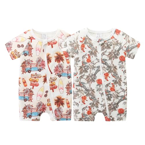 JingleBaBa Unisex Summer Trendy 2-Pack Rompers Short Sleeve Zipped Bodysuit Infant Cotton Outfits