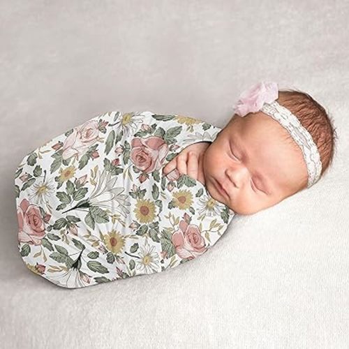 Sweet Jojo Designs Vintage Floral Boho Baby Girl Swaddle Blanket Jersey Stretch Knit for Newborn or Infant Receiving Security - Blush Pink, Yellow, Green, White Shabby Chic Rose Flower Farmhouse