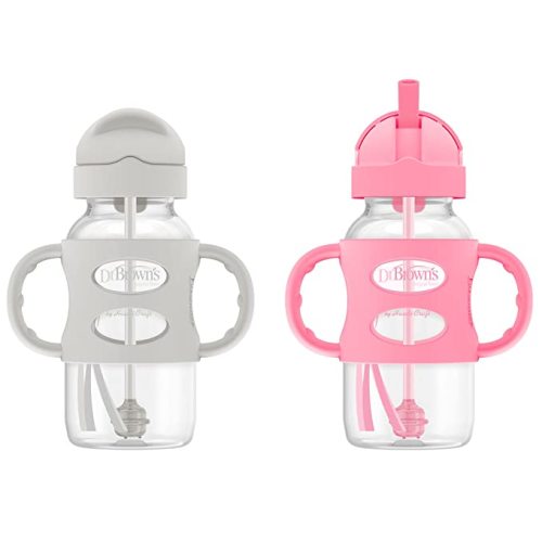 Dr. Brown's Milestones Wide-Neck Sippy Straw Bottle with 100% Silicone Handles and Weighted Straw, 9 oz/270 mL, Gray & Pink, 6m+, 2 Count (Pack of 1)