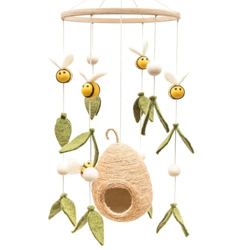 GLACIART ONE Baby Nursery Bumble Bee Mobile for Crib |Gender Neutral Mobile for Woodland Theme Nursery Decor | Felt Hanging Bee and Beehive Room Decorations Handmade from Natural Wool |Great Gift Idea