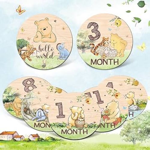 Winnie Bear Baby Month Milestone Circles, Wooden Discs Stuff for Baby Photo Takens with Hello World Name Signs - 7Pcs Double Sided Signs for Documenting Growth