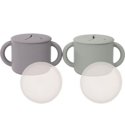 WeeSprout Snack Containers, Food Grade Silicone Cups, Spill-Proof Tops for Toddlers & Babies - Set of 2 (Matte Gray, Matte Green)