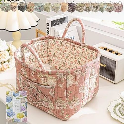 Boho Fabric Storage Basket, Boho Floral Laundry Baskets, Collapsible Bohemian Style Puffer Quilted Tote, Large Capacity Spring Vintage Storage Bag Organizer with Handle & Front Pocket (Flowers C#)
