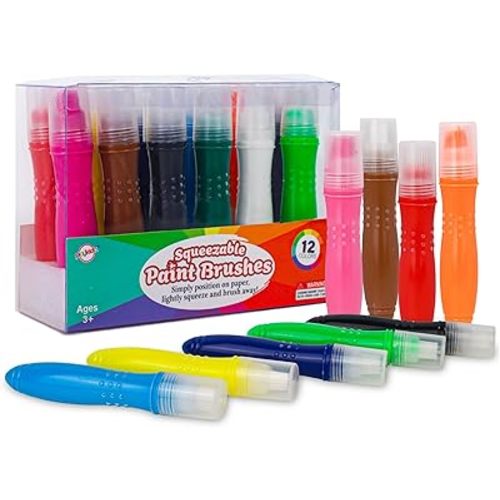 12 Squeezable Paint Brushes Classic Colors for Kids, Tempera Paint Brush, Assorted Fun Colors for Toddler, (24ml/0.8oz Each)