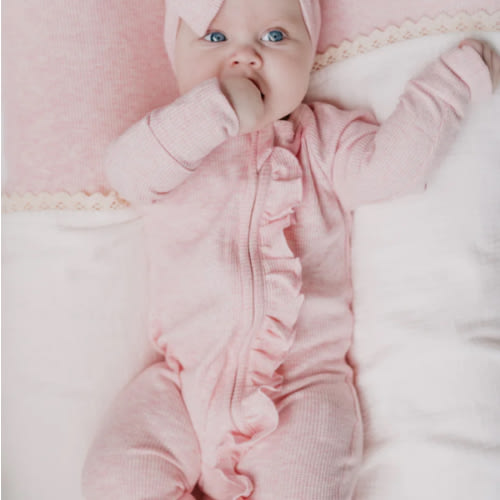 Little and Fern Frill Zip Romper, Baby Pink Marle Waffle