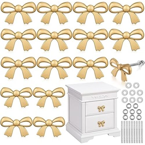 16 Pcs Bow Drawer Knobs Matel Bow Dresser Knobs Vintage Handles for Dresser Handles for Home Bedroom Kitchen Cabinets Hardware Cupboard (1.6 x 1 Inch)