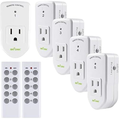 BN-LINK Wireless Remote Control Electrical Outlet Switch for Lights, Fans, Christmas Lights, Small Appliance, Long Range White (Learning Code, 5Rx-2Tx) 1200W/10A