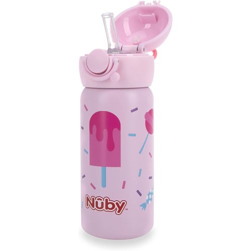Nuby Thirsty Kids No Spill Flip-It Active Stainless Steel Travel Cup, 14 Oz, Ice Cream