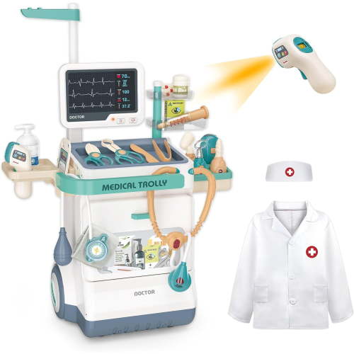 Toy Doctor Kit for Kids, Pretend Medical Station Set for Boys & Girls, 28 Accessories Mobile Cart with Lights and Thermometer, Kids Doctor Kit for Toddlers 3-5 Years Old