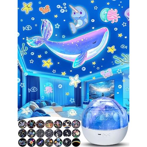 Night Light for Kids + 21 Sets of Films, Kids Night Light Projector for Bedroom, Ceiling, Projector Night Night for Baby Girls with 360° Rotation, Dimmable for Birthday, Christmas, Nursery, Room Decor