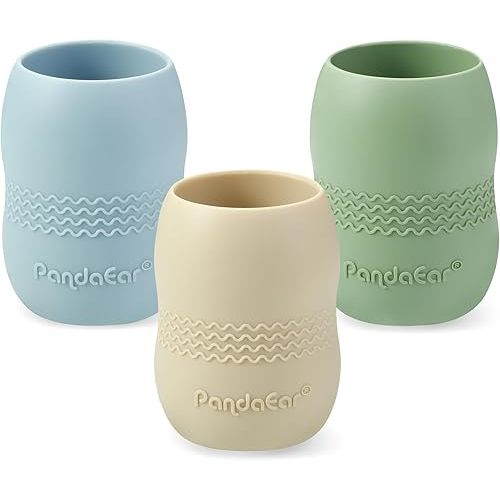 PandaEar 3 Pack 100% Tiny Silicone Drinking Training Cup for Baby and Toddler, Tiny Open Cups for Infants (Blue/Green/Tan)