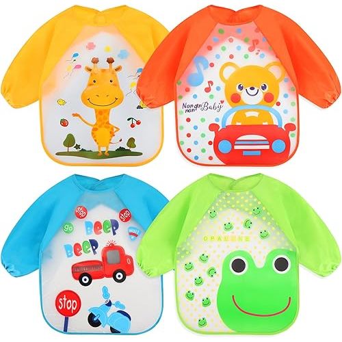 Accmor 4 Pack Long Sleeve Baby Bibs, Waterproof Sleeved Bib, Toddler Baby Girls Boys Smock Bibs for 6-36 Months