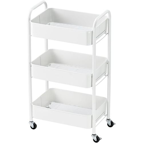Heavy Duty Rolling Cart, Mesh Utility Storage Cart with Lockable Wheels for Kitchen, Bathroom, Office, 3-Tier Metal, White