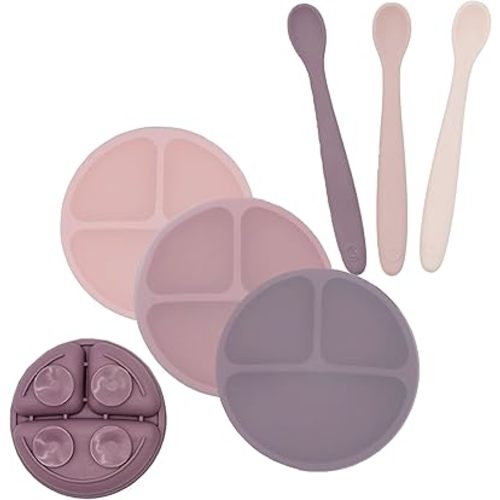 WeeSprout 3 Suction Plates with Lids & 3 Soft-Tip Spoons Bundle - Complete Mealtime Set - Silicone Baby Dinnerware - Divided Toddler Plates - Microwave & Dishwasher Safe