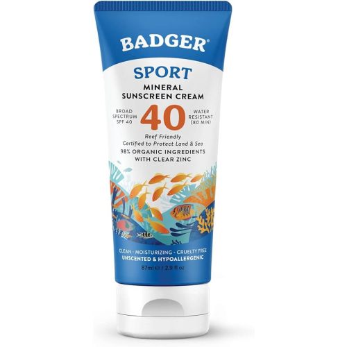 Badger Reef Safe Sunscreen, Unscented SPF 40 Sport Mineral Sunscreen, 98% Organic, Water Resistant Zinc Sunscreen, Approved for Hawaii & Mexico Reefs, 2.9 fl oz