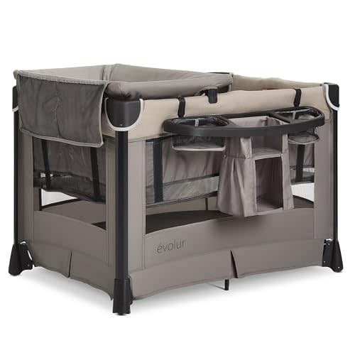 Evolur Cozy Cove All-in-One Portable Playard with Bassinet & Changing Table – Quick-Fold Travel Playard with Breathable Mesh Sides (Newborn–Toddler) Biege