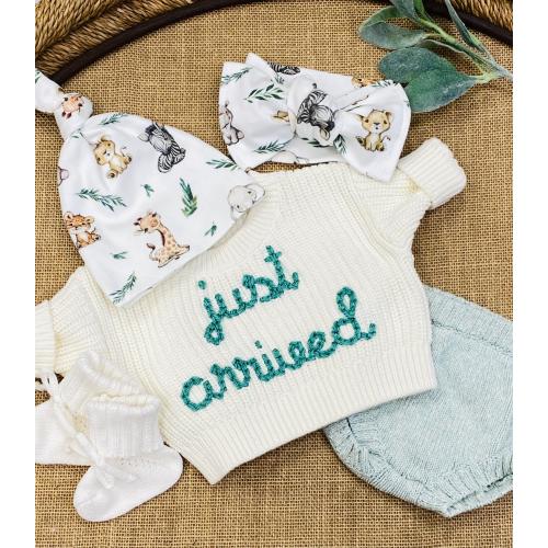 Embroidered "Just Arrived" Newborn Baby Outfit: Sweater, Knit Bloomers & Booties, Safari Set