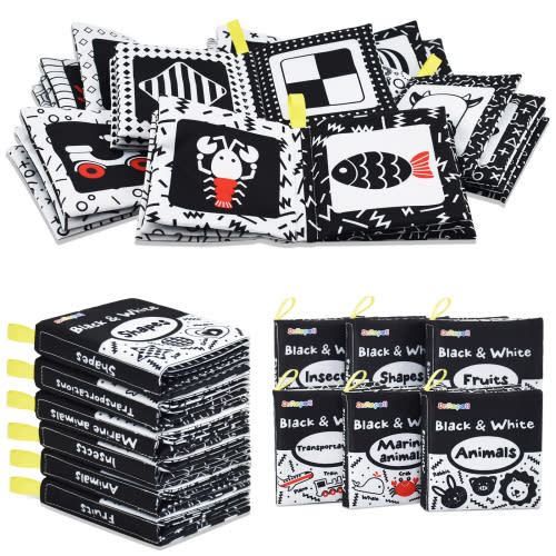 Dr.Rapeti Soft Cloth Books Baby Books Bath Books 6-Pack for Baby Infant Toddler Kids High Contrast Black and White Crinkle Washable Giftable