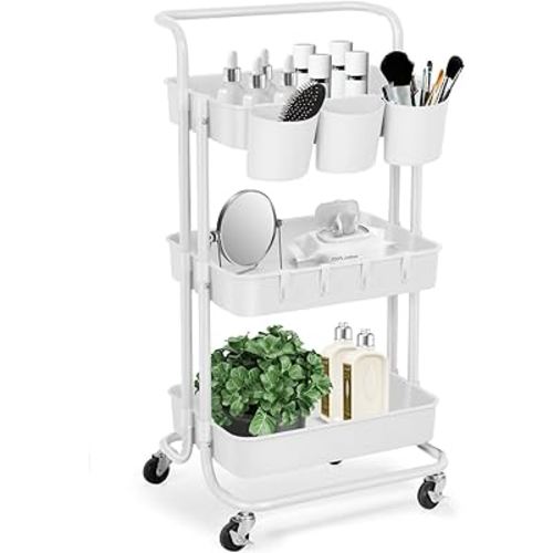 E&D FURNITURE 3 Tier Rolling Storage Cart with Wheels, White, Sturdy, Waterproof, Adjustable, Multipurpose, Organization, Office, Kitchen, Bedroom, Bathroom, Garage, Kids Art Cart