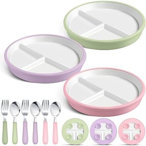 3 Pack 8" Large Porcelain Toddler Plates Feeding Set, Ceramic Kids Suction Plates with Anti Slip Silicone Sleeve for Baby 3 Spoons and Forks Divided Kids (Green,Pink,Purple)