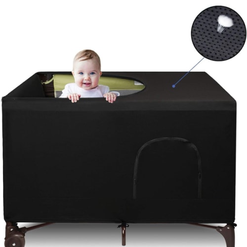Dofilachy Blackout Cover for Pack N Play - Crib Blackout Cover Tent - Canopy Cover - Breathable Travel Crib Tent - Portable Stretchy Blackout Tent (Black)