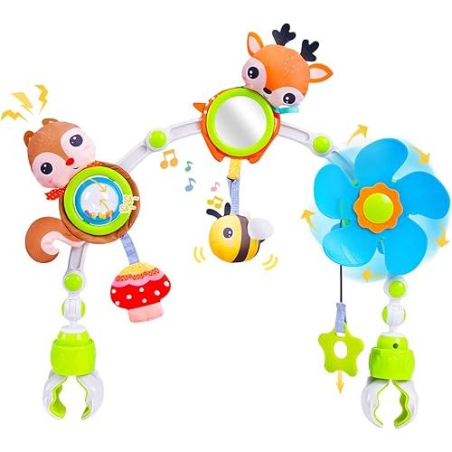 Koty Baby Stroller Arch Toy with Teether, Rattle, Crinkle Sound, Mirror & Music Box, Newborns Sensory Activity Carrier Take-Along Toy, Adjustable for Bouncers, Car Seat & Pram 0M+(Deer)