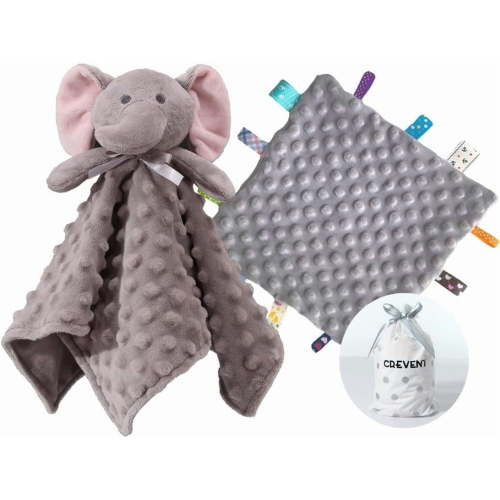 CREVENT Baby Blanket Gift Set for Baby Boys and Girls,Grey Elephant Security Blanket with One Grey Tag, Unisex, 2 Items