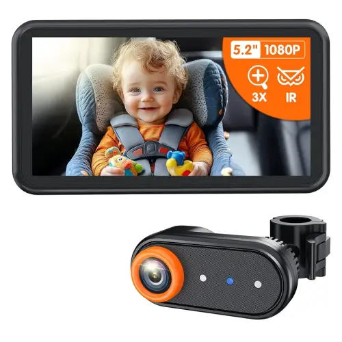 BM2A Baby Car Camera, Night Vision & 5.2" 1080P Display for Rear-Facing Car Seats, Easy No-Damage Install, Patented Anti-Shake Mount – Ideal for Parents and Pet Owners