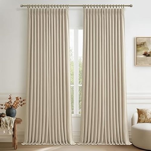 Pleat Natural Beige Black Out 102 Inch Long Privacy Curtains for Room Divider 2 Panels Set, Elegant Memory Trained Pinch Pleated Linen Energy Efficient Drapes for Dorm Room Window 40"W x 102"L Length