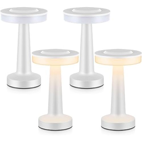 Riakrum 4 Pcs Portable Cordless Table Lamp with Touch Sensor 3 Color Stepless Dimming Rechargeable Battery up to 15 Hours Cordless Table Light Wireless Lamp for Nursery(White)