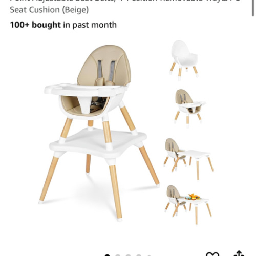High Chair for Babies & Toddlers, Convertible Wooden 6 in 1 Baby Highchair, Table and Chair Set, Building Block Table, 5-Point Adjustable Seat Belts, 4-Position Removable Tray& PU Seat Cushion (Beige)