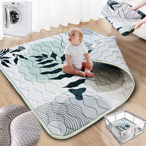 Baby Play Mat, 50x50 Playpen Mat, Thick Soft Foam Playmats for Baby, Foldable and Washable Crawling Mat for Floor(Green Leaf)