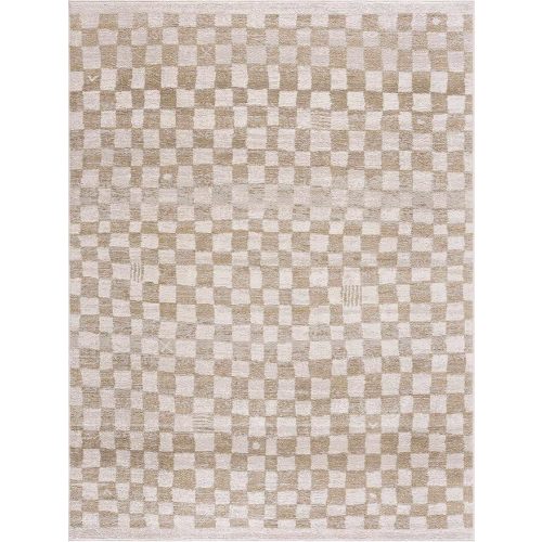 Benjy Modern Checkered Area Rug - Contemporary Geometric Carpet for Living Room, Bedroom, Kids Room, Nursery - Cream, Gold - 6'7" x 9' (6x9)