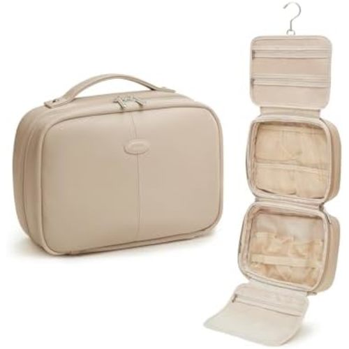 EACHY Toiletry Bag with Hanging Hook, Travel Makeup Bag PU Leather Cosmetic Bags for Women Make Up Organizer with 4 Compartments Waterproof Full-Size Portable Travel Essentials (Trench，Pro)