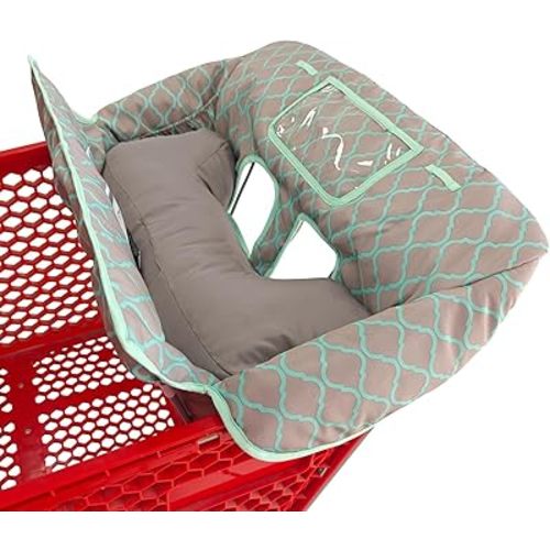 Soft Pillow Attached 2-in-1 Shopping Cart and High Chair Cover for Baby, Cotton Padded Cart Cover, Fold'n Roll Style, Portable with Carry Bag (Gray Grid)