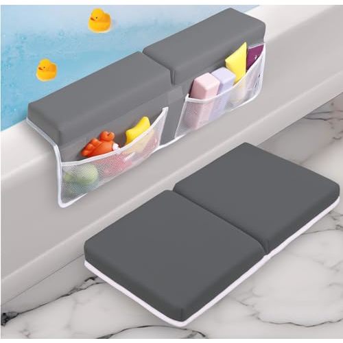 Toodly Baby Bath Kneeler and Elbow Rest Pad Set - Baby Bath Support for Knees and Elbows - Bath Kneeler Pad with Memory Foam and Bath Toy Organizer - Bath Kneeling Pad for Bathing Baby - Dark Grey