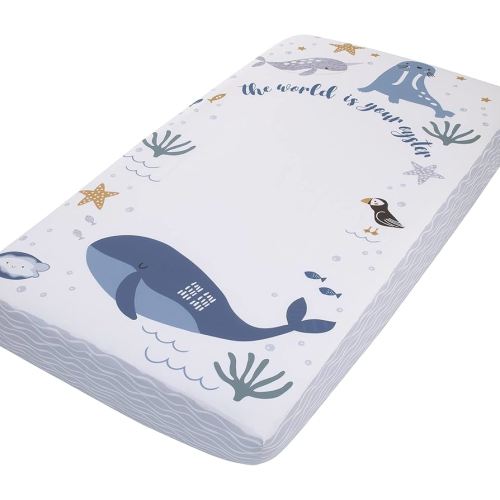 NoJo Arctic Adventure Light Blue, White, and Navy Whales, Narwhal, and Walrus The World is Your Oyster 100% Cotton Photo Op Fitted Crib Sheet