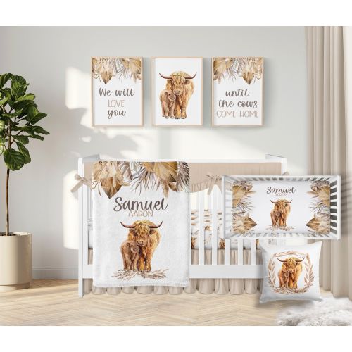 Highland Cow Crib Bedding Set, Personalized Boho Nursery, Farm Animal Baby Bedding Set, Baby Boy Crib Bedding Set Highland Cow Nursery CS311