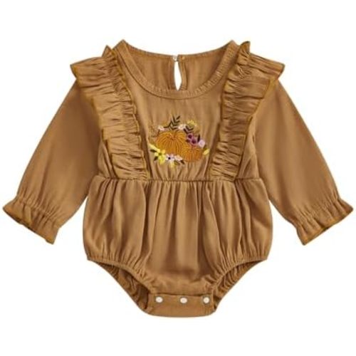 Baby Girl Halloween Romper Ruffle Long Sleeve Pumpkin&Floral Bodysuit Cotton Linen Jumpsuit Vintage Fall Clothes