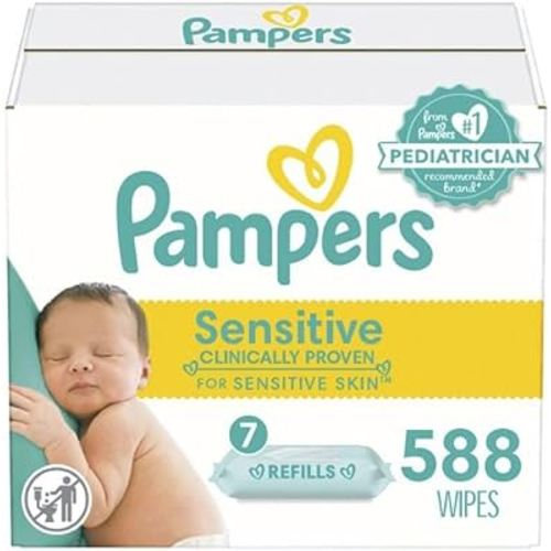 Pampers Sensitive Baby Wipes, Water Based, Hypoallergenic and Unscented, 4 Flip-Top Packs (336 Wipes Total)