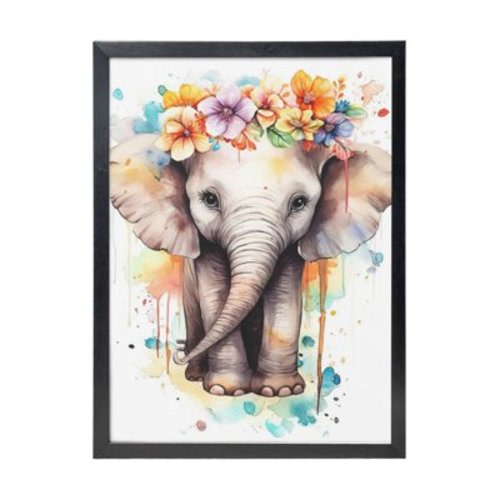 WFSposter Nursery Animal Canvas Wall Art Baby Elephant Picture Prints Wild Animal with Floral Paintings for Kid Room Decor Framed